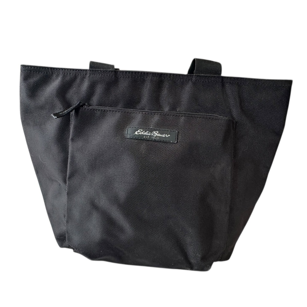 Vtg Utility Eddie Bauer Ripstop Tote w Leather Patch Black Work Bag Drink Holder